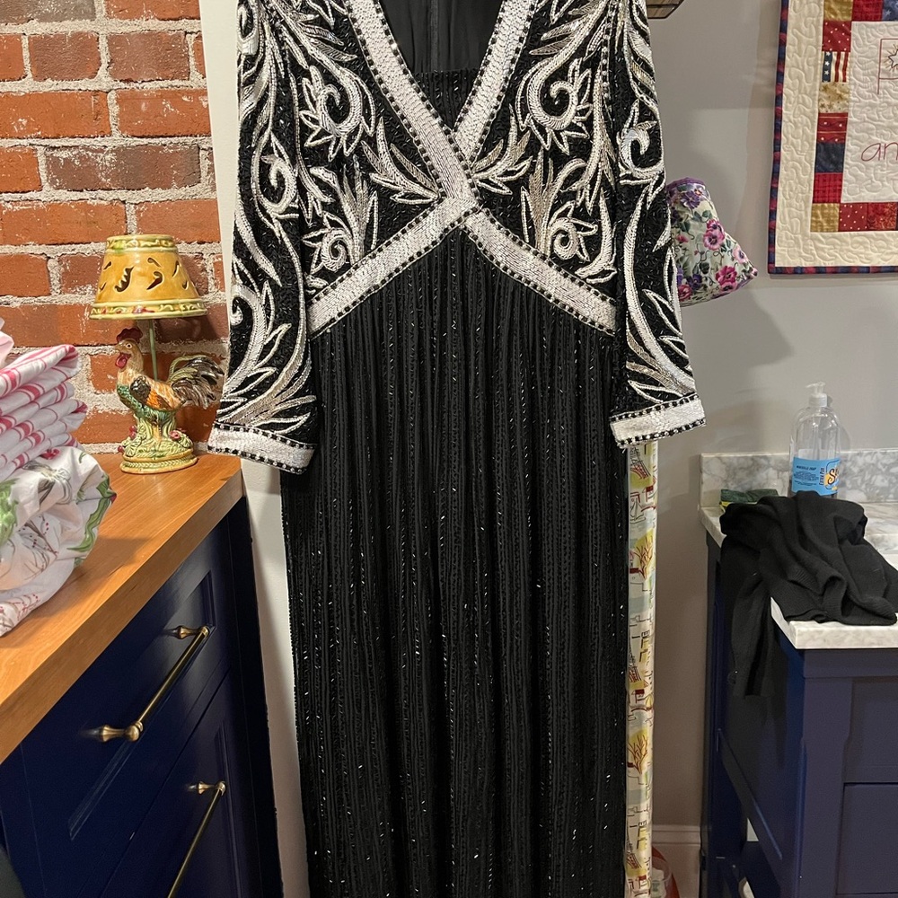 Bob Mackie Black and White Beaded Long Sleeve Gown